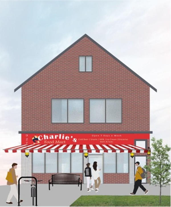 Zoom image: Charlie&rsquo;s Food Mart as envisioned by a storefront revitalization grant developed by three urban planning students at UB. Rendering courtesy of Harder, Patel and Willis 