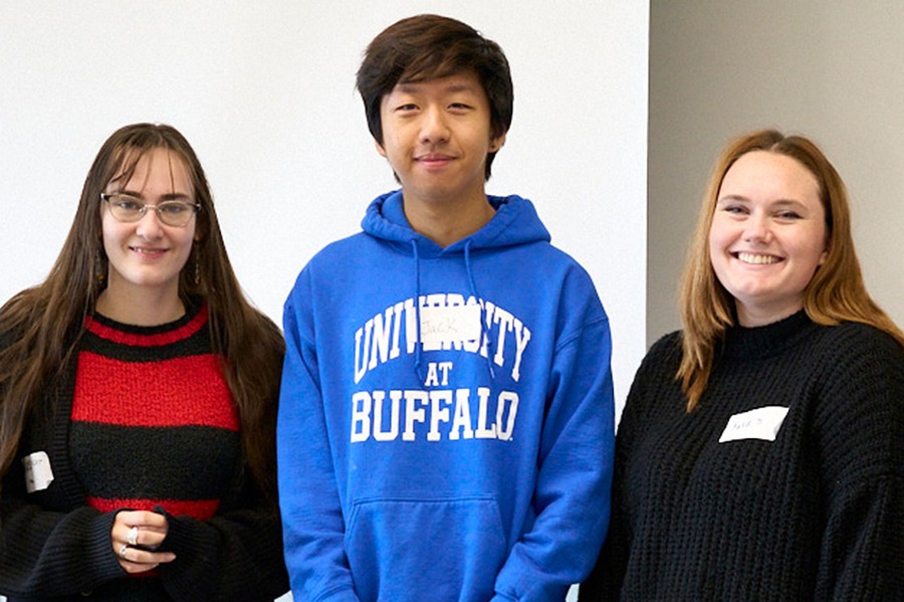 Brand hack winning team, from left, Mia Mahar, a psychology student from Hilbert College; Jack Qu, a graphic design student from UB; and Katie Steckstor, from the Buffalo marketing agency FARM. 