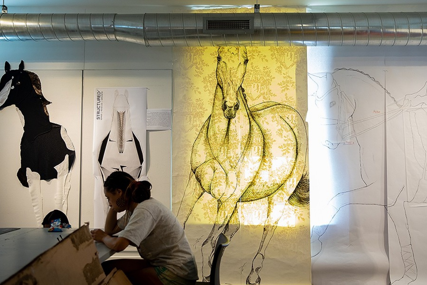 Zoom image: The students' assignment on Day 1 of the HORSE Studio: Make a life-sized drawing of a horse. Photo: Meredith Forrest Kulwicki 