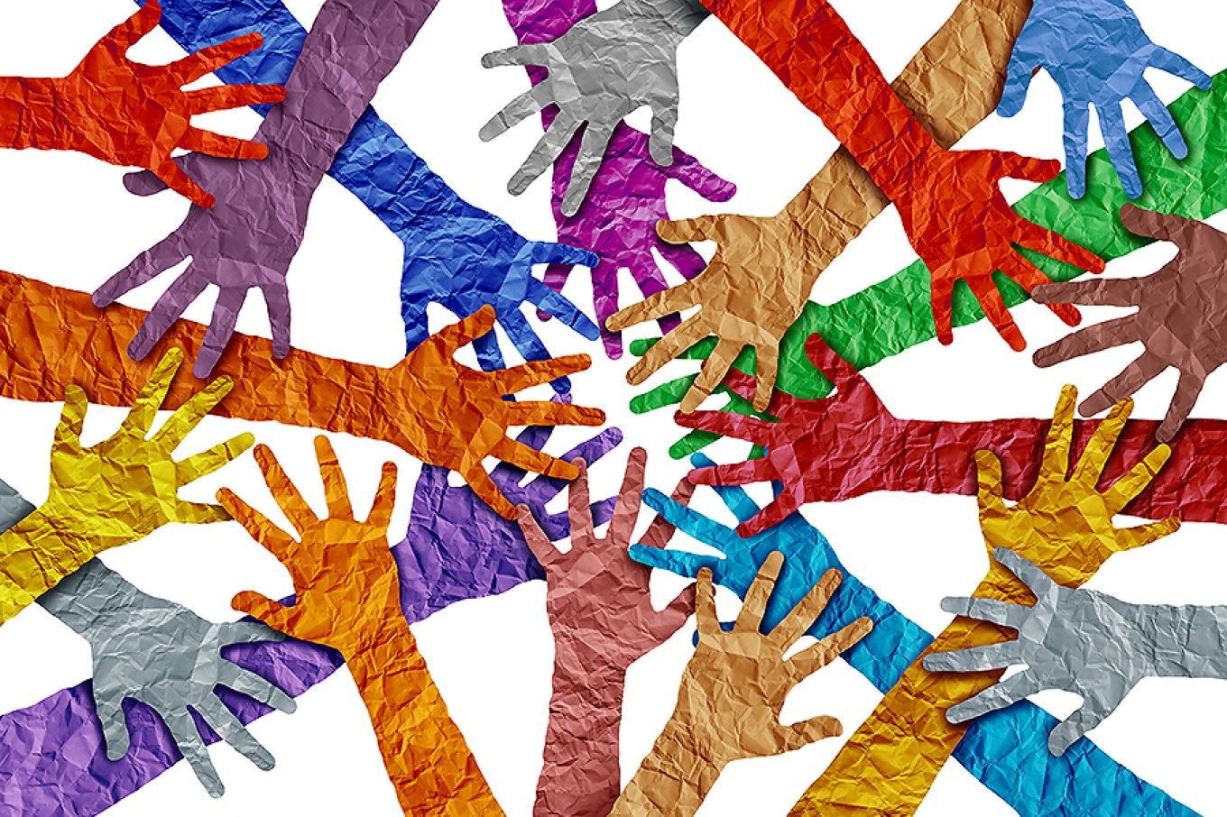 Multicolored paper hands reach out towards each other. 