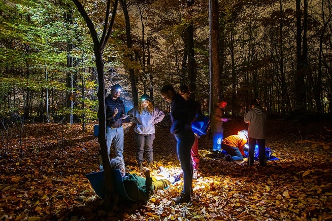 Zoom image: “In the Letchworth Woods, we lose line-of-sight capabilities and it makes practicing each survival skill a more realistic scenario,” says Crispell. Photo: Douglas Levere 