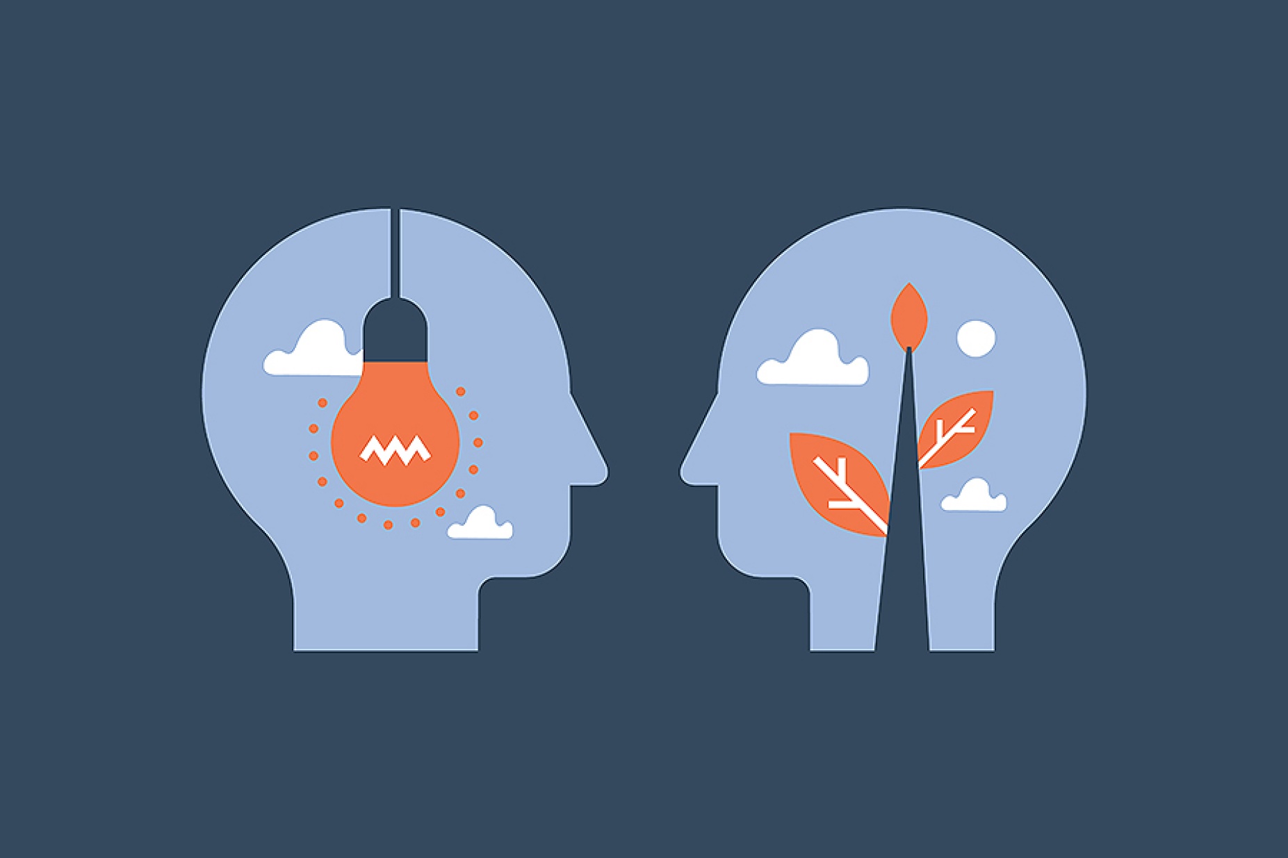 Concept of mentoring featuring two heads facing each other, in one head is a light bulb and in the other is a sprouting plant. 