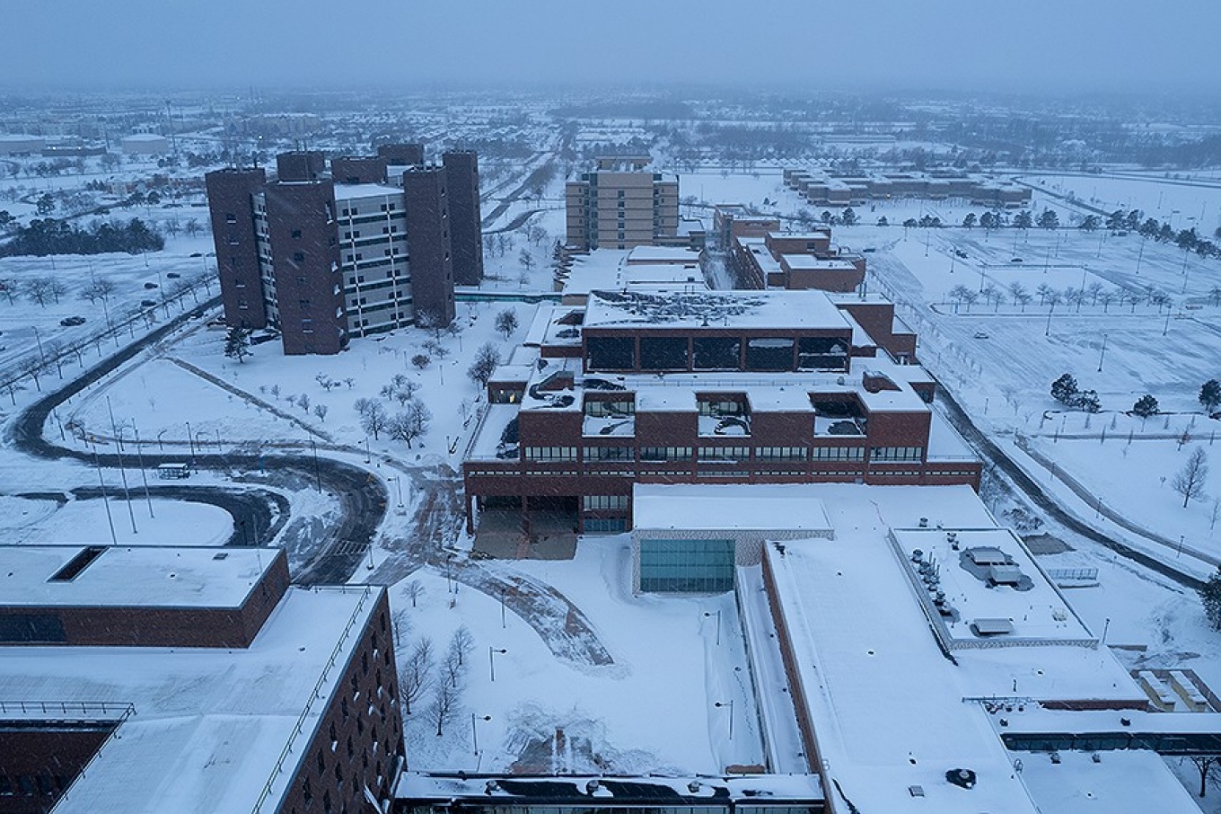 Aerial view of UB North Campus following the blizzard of '22. 
