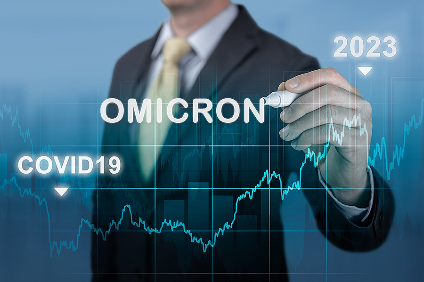 Omicron trending data in chart form featuring a line chart in the foreground with a person writing the word "omicron" in the background. 
