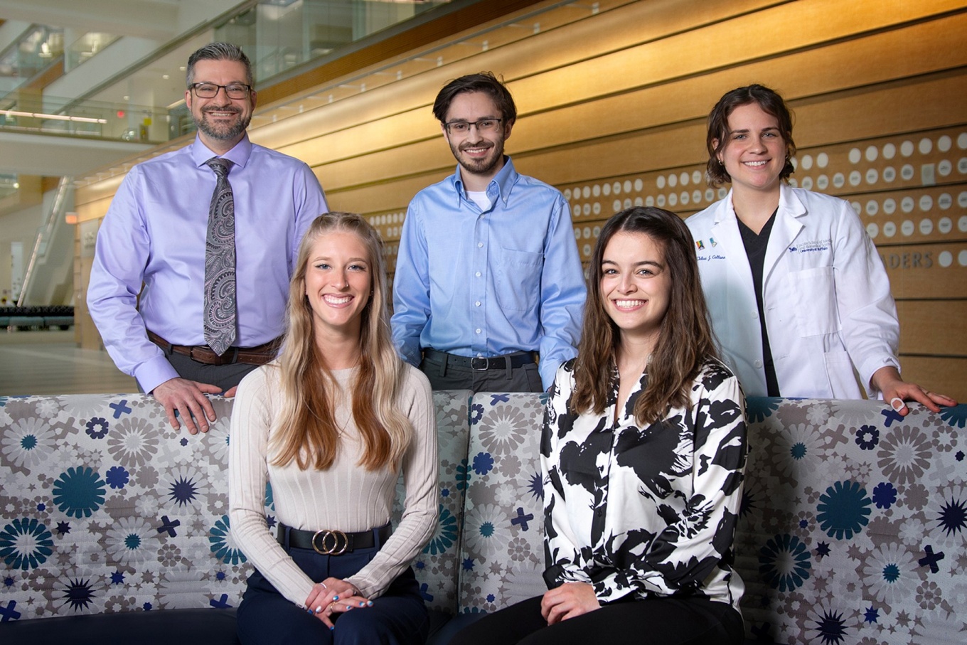 From right, Chloe Cottone MS1; Lauren McLaughlin-Kelly; Mathew Fiel; Cianna Currie; Stuart Inglis PhD; Department of Biomedical Engineering; Department of Biological Sciences; Dept. of Pathology and Anatomical Sciences; Dept. of Surgery; Joseph Costa PhD;. 