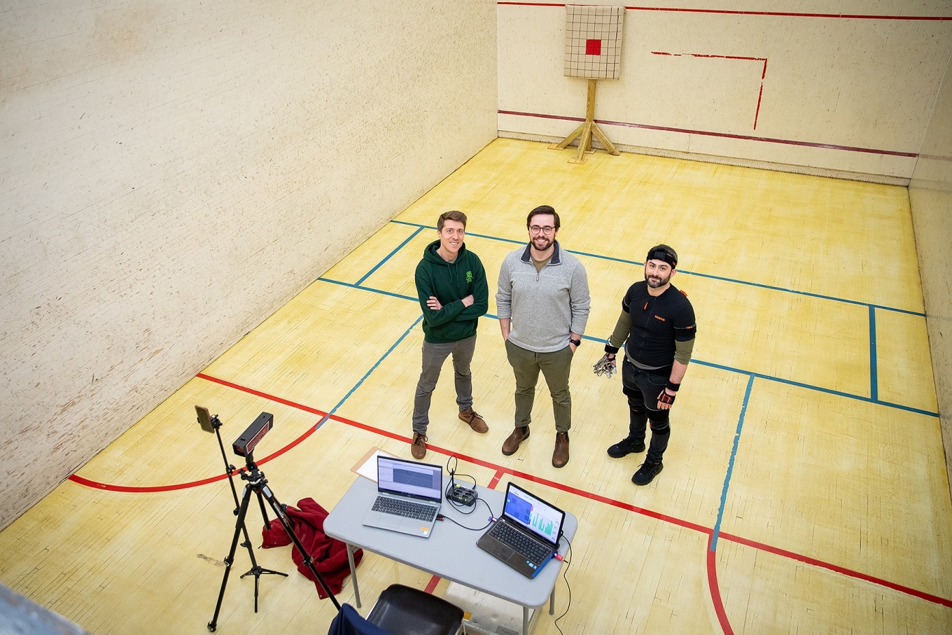Zoom image: Members of the Hominin Movement Lab include (from left) Nicholas Holowka, assistant professor of anthropology; master's student Kevin Palmisano and PhD student Zacchariah Apolito. The team hopes to publish results this fall in the Journal of Human Evolution. 