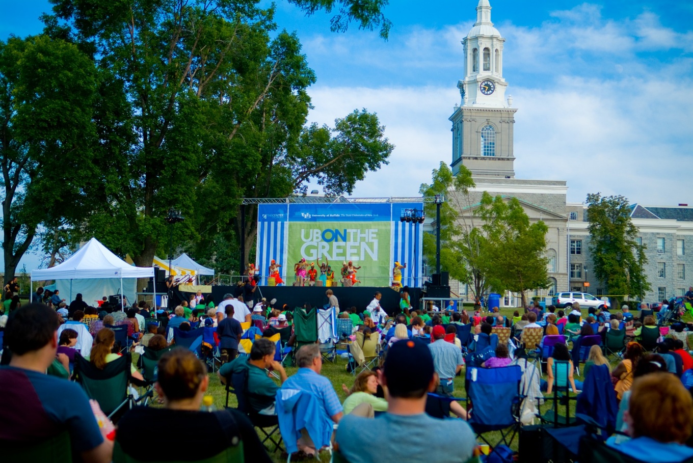 People gather in front of Hayes Hall for UB on the Green. 
