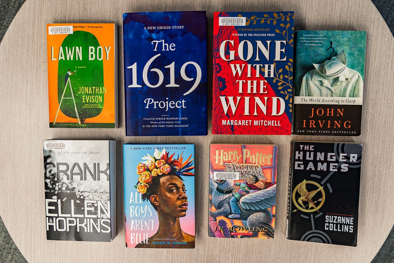 Some of the banned books on display at Lockwood Library. 