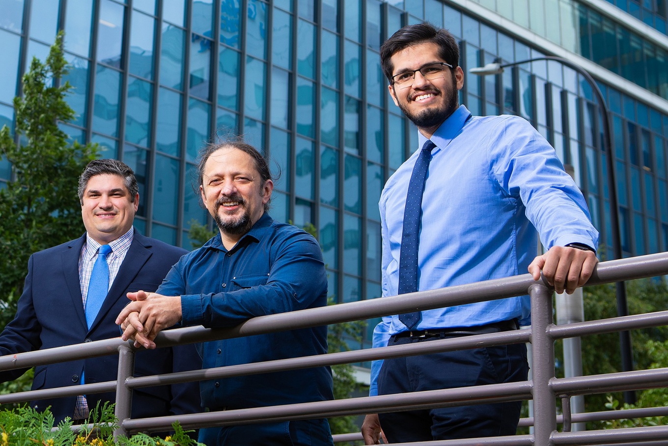 Vincent Tutino, CFO and UB biomedical engineering grad, Ciprian "Chip" Ionita, CEO & UB assistant professor of biomedical engineering, and Mohammad Mahdi Shiraz Bruwani, the grant's principal investigator and the company's chief technical officer.