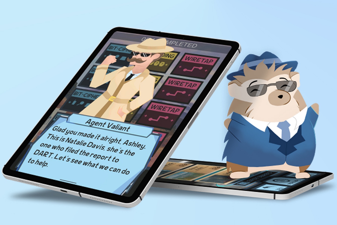 Promotional images of DeepCover game screens on an iPad and smartphone. 