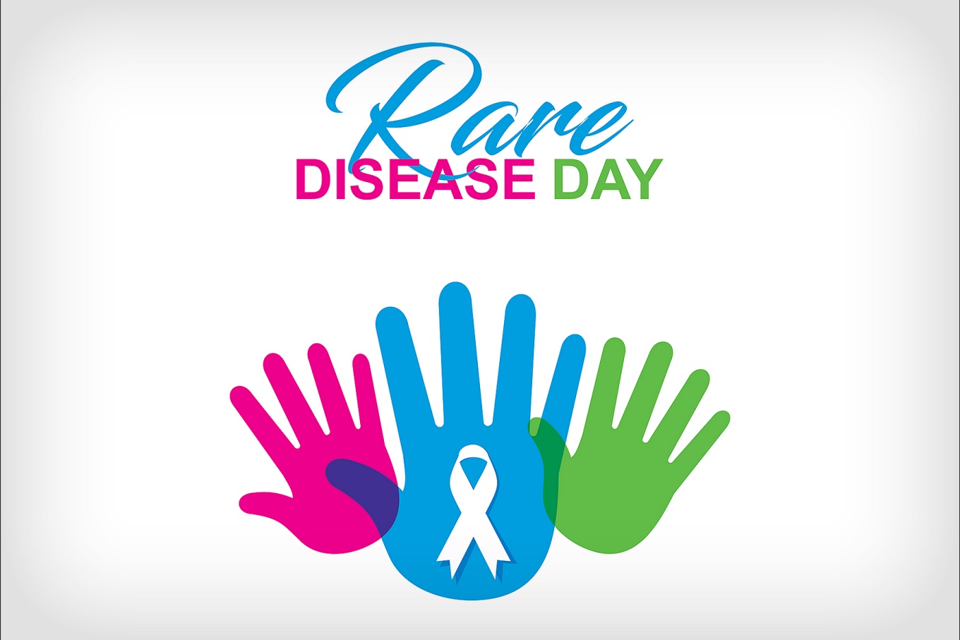 Rare Disease Day, three colorful handprints with a ribbon symbol in the palm of the middle handprint. 