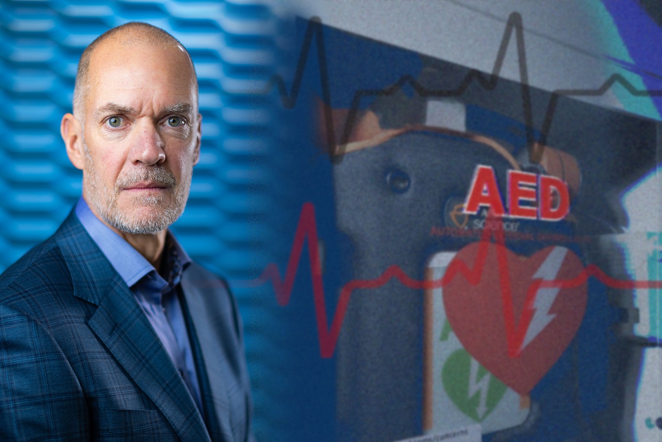 Les Bisson headshot next to graphic of an AED. 