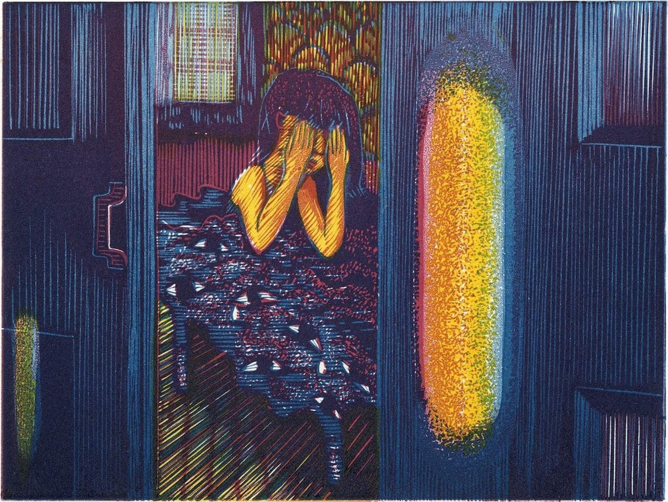 Wuon-Gean Ho, Hide and Seek, 2021. Linocut and monoprint, 6 x 7 3/4 inches. 