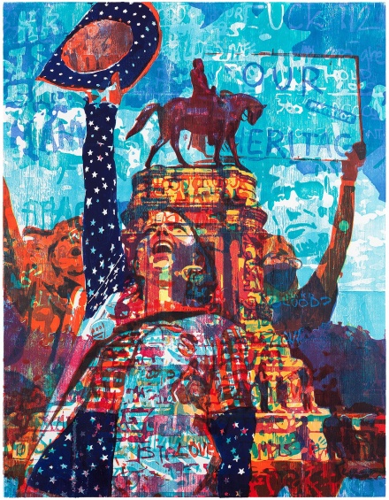 Zorawar Sidhu and Rob Swainston, July 4, 2021. Multi-color woodblock on paper, 57 1/2 x 45 1/4 inches. 