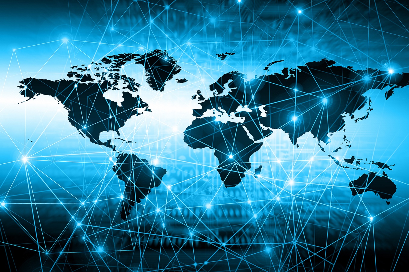 Concept of a data and information network featuring a world map and interconnected dots.