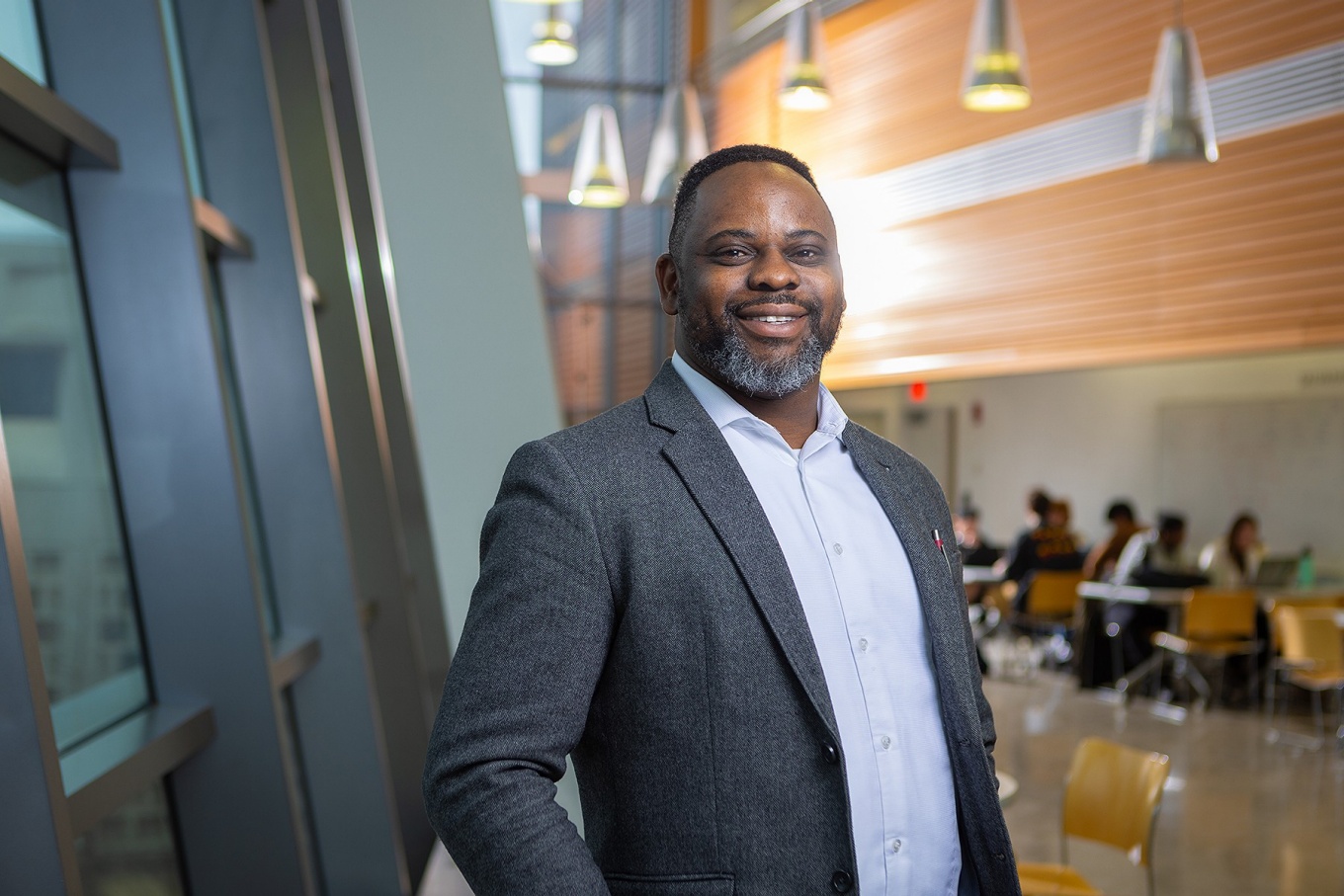 Ndubueze Mbah pictured in Davis Hall atrium. 
