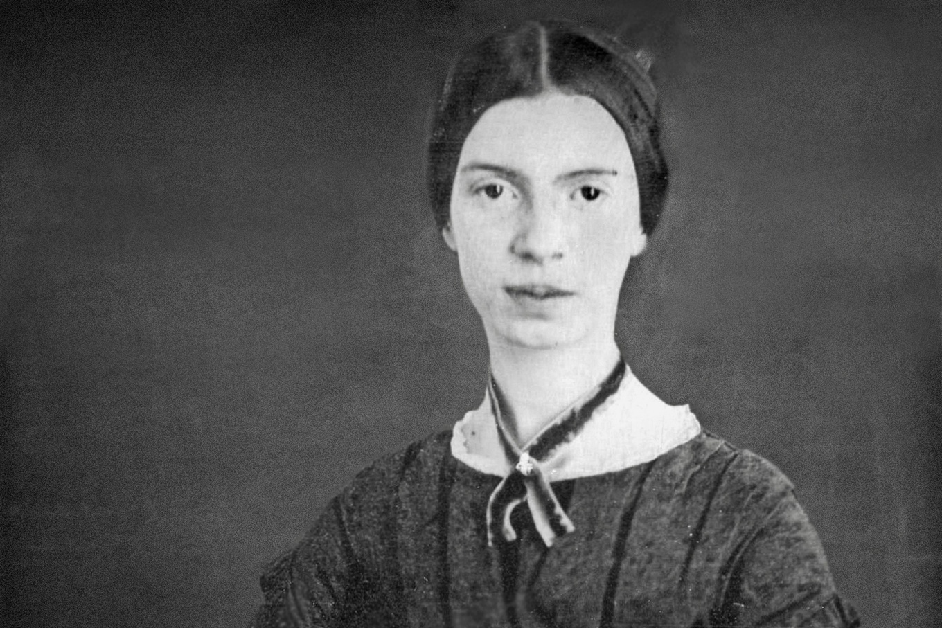 Digitally restored black and white daguerrotype of Emily Dickinson, c. early 1847. 