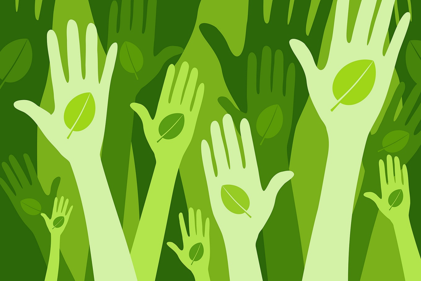Sustainability concept featuring raised hands with a leaf icon in the center of the palms, all in shades of green. 