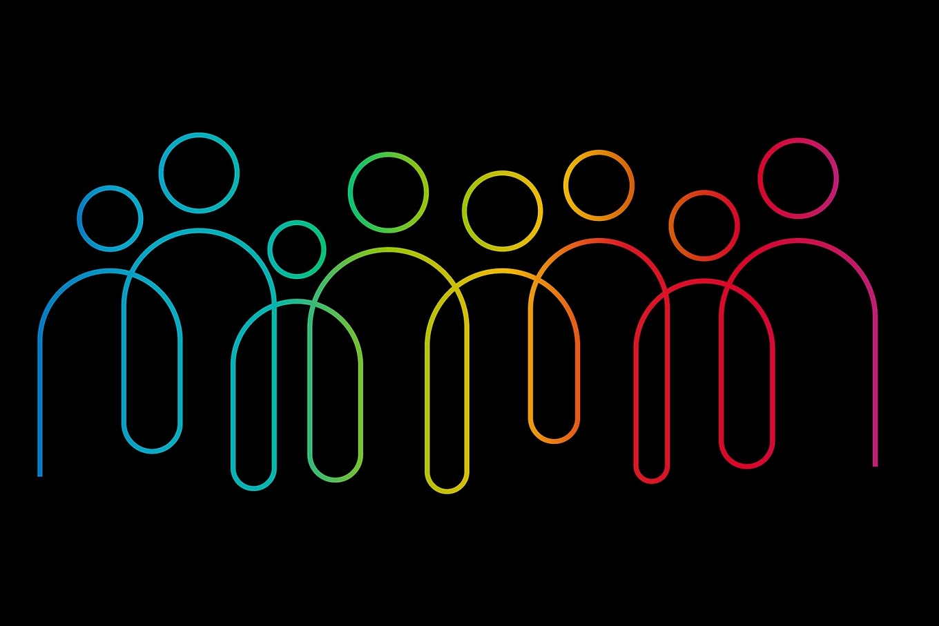 Rainbow-colored line drawing of interconnected human figures on a black background. 