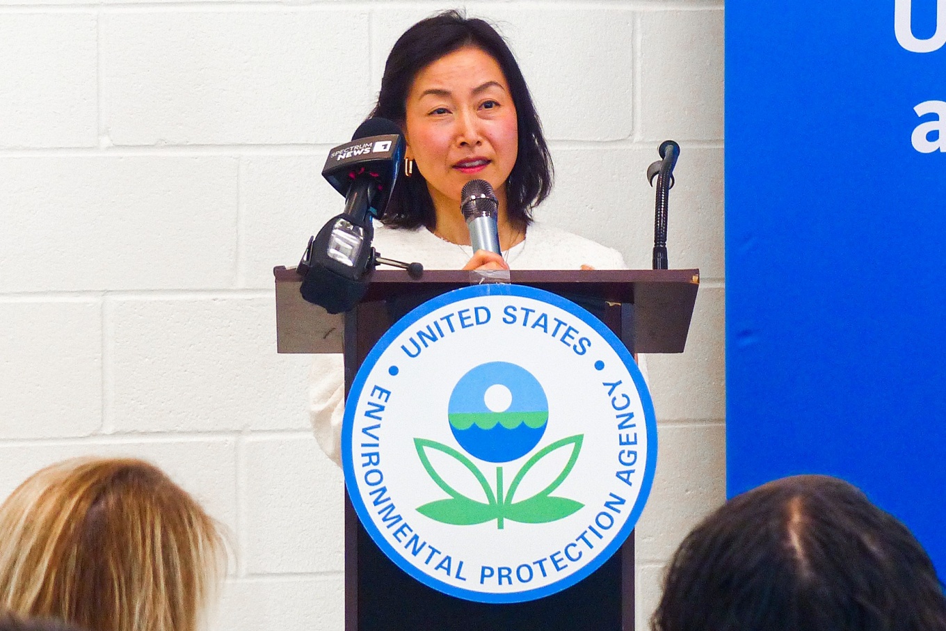 Eun-Hye Enki Yoo, PhD, associate professor in the UB Department of Geography speaks during a press conference announcing air monitor installations in East Side neighborhoods as part of an EPA grant. 