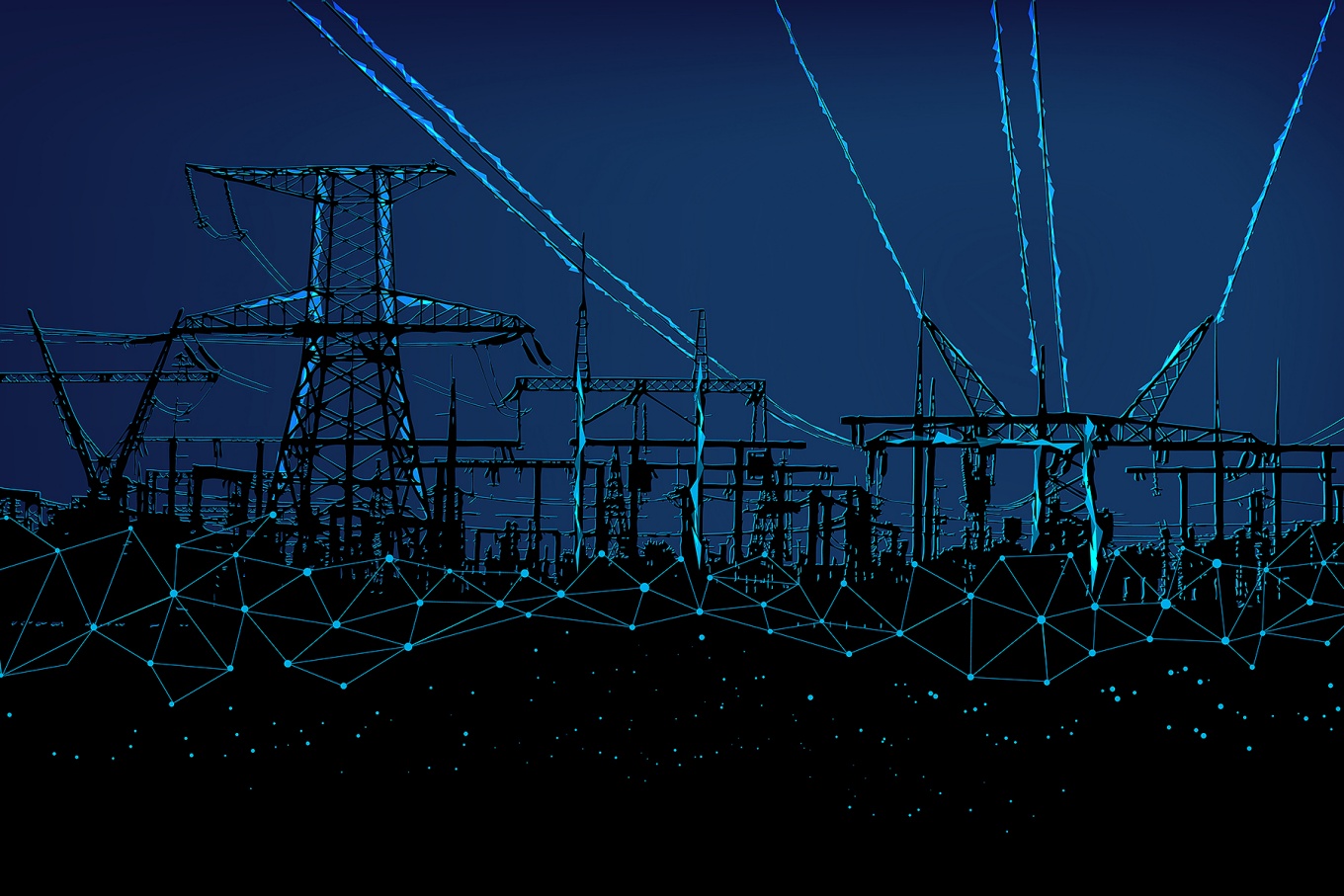 Concept of a power grid delivering electricity using AI. 