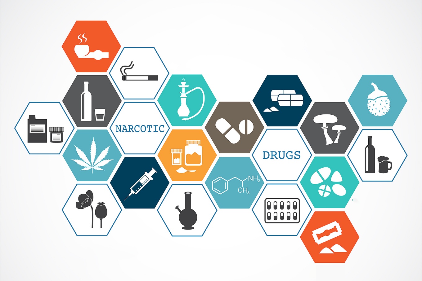 collage with pieces featuring various drugs, among them a marijuana leaf, bong, cigarette, mushrooms. 