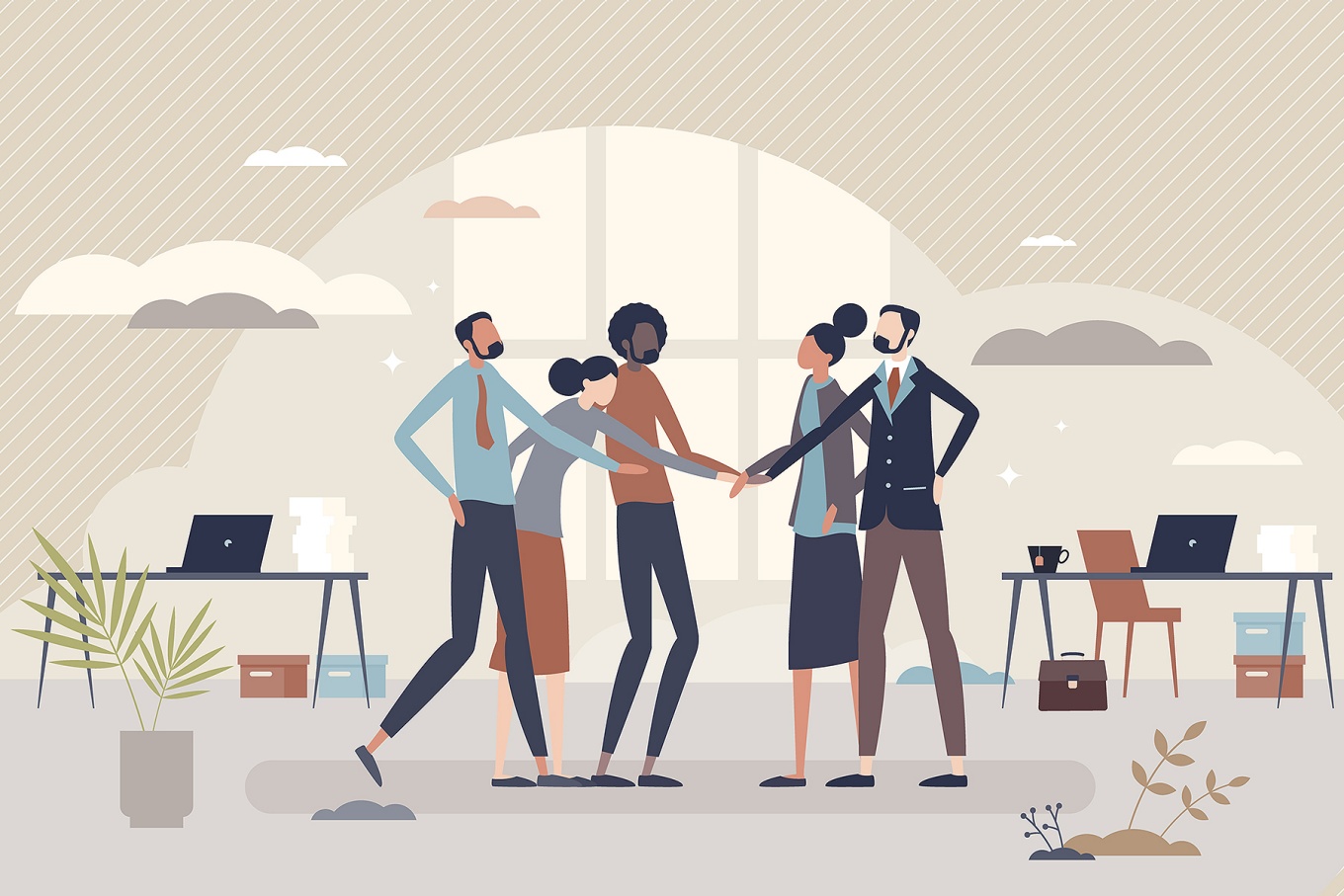 Concept of inclusive leadership featuring diverse figures shaking hands. 