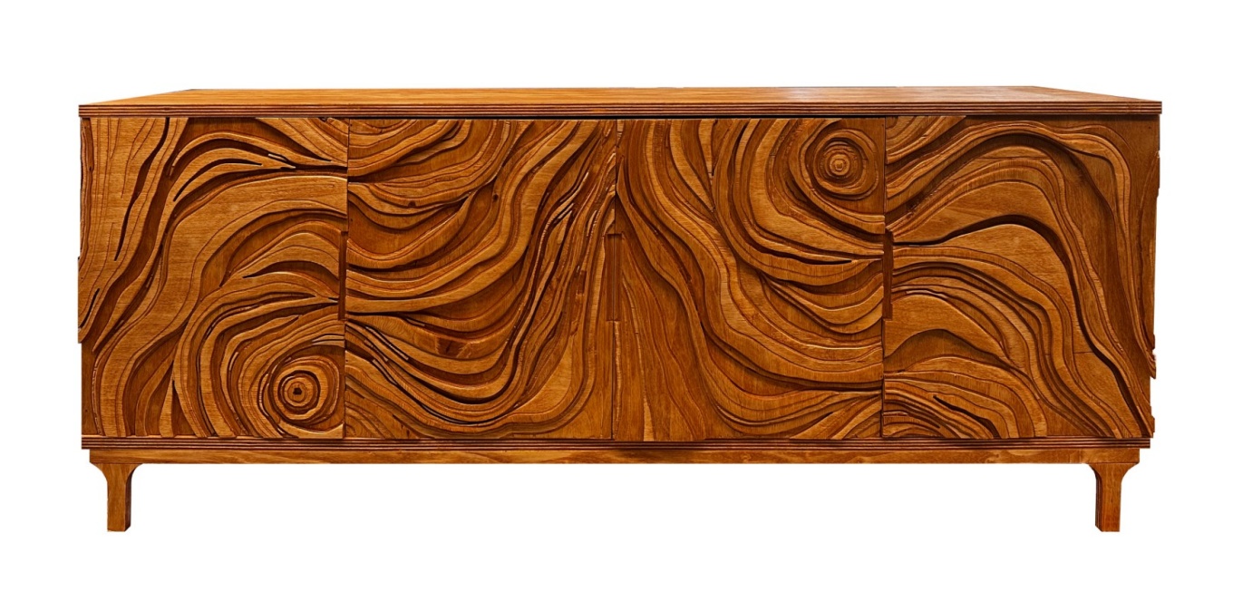 Zoom image: A custom cabinet designed by MArch student Zlata Anisimova was crafted using the Fabrication Shop's state-of-the-art digital fabrication tools. &quot;The wooden cabinet embodies a harmonious blend of nature and craftsmanship, with doors adorned by sinuous curves that echo the organic flow of wood grain,&quot; Anismova says. Photo courtesy of Julia Hunt 