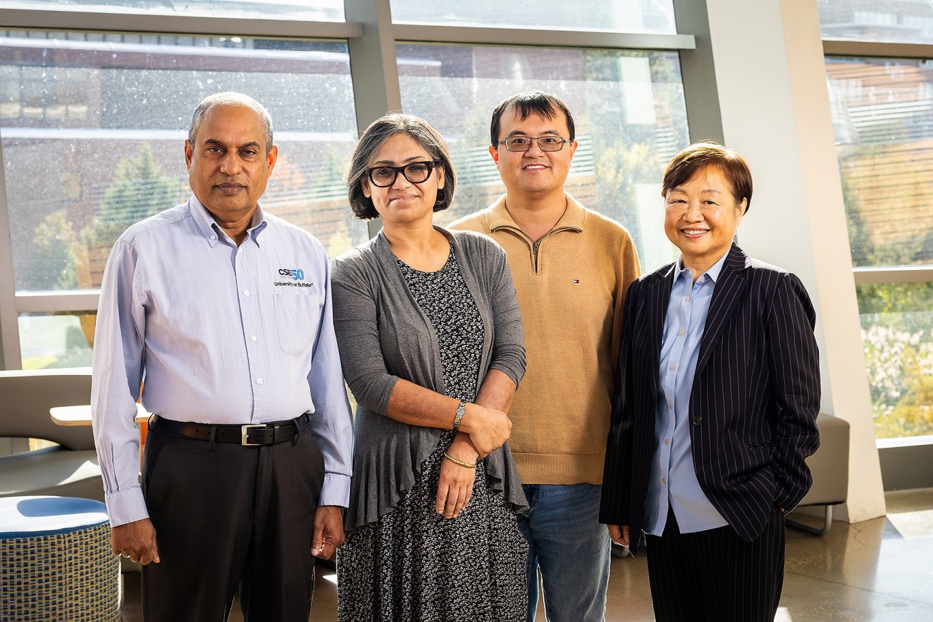 Shambhu Upadhyaya, Sreyasee Das Bhattacharjee, Wenyao Xu and Wooksoo Kim, pictured in Davis Hall. 