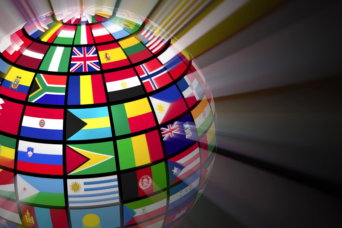 A globe comprised of flag from the world's nations. 
