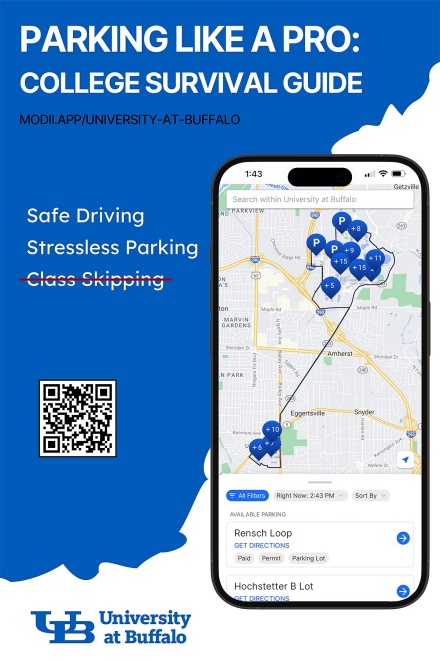 Zoom image: The Parking Finder web app uses an interactive map to display up-to-date available parking spaces and predicted conditions across the North and South campuses. 