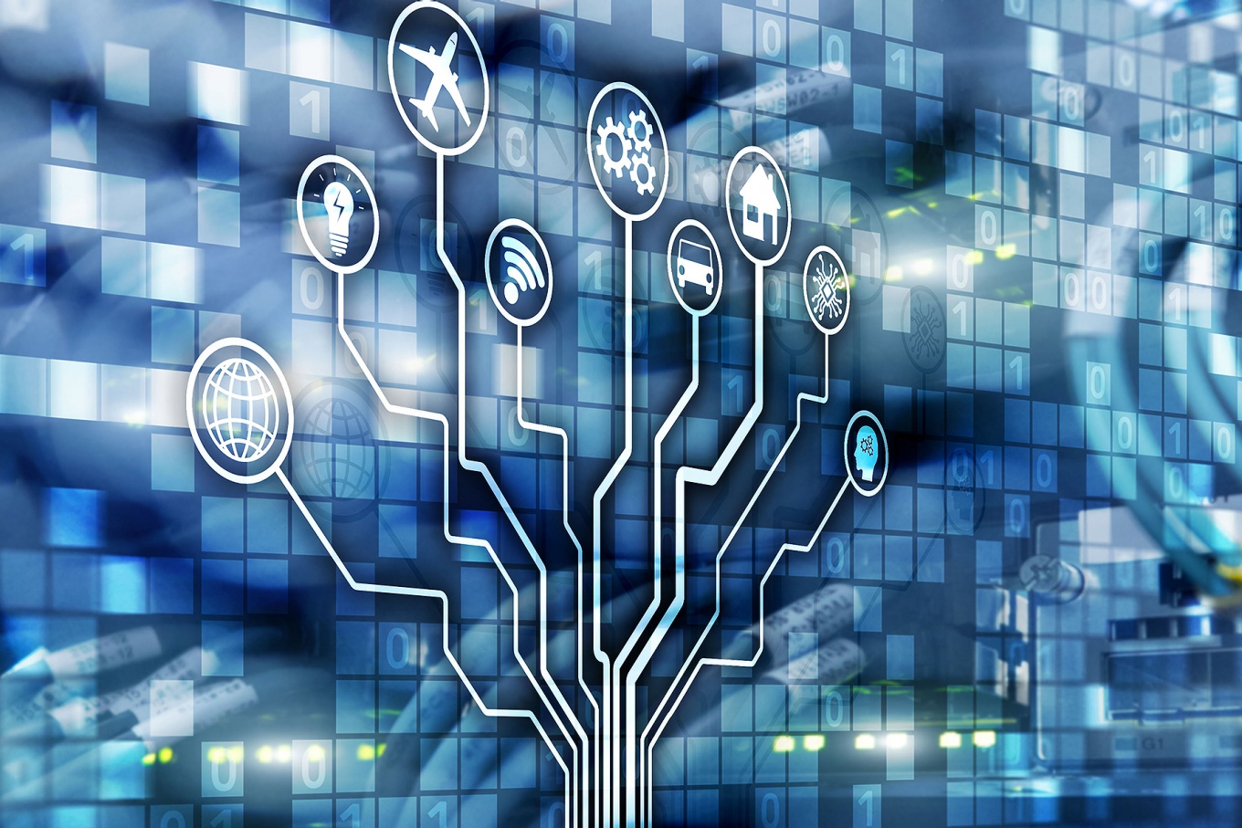 Concept of AI research featuring images of a network branching out to different types of industries and a server bank in the background. 