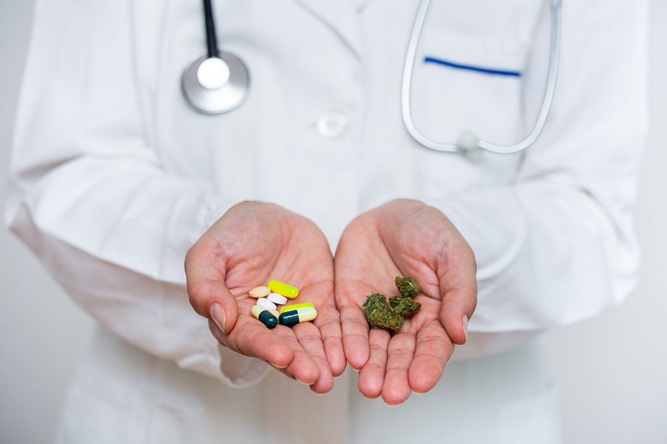 Health care provider holds out two hands: one filled with marijuana buds and the other with opioid pills. 