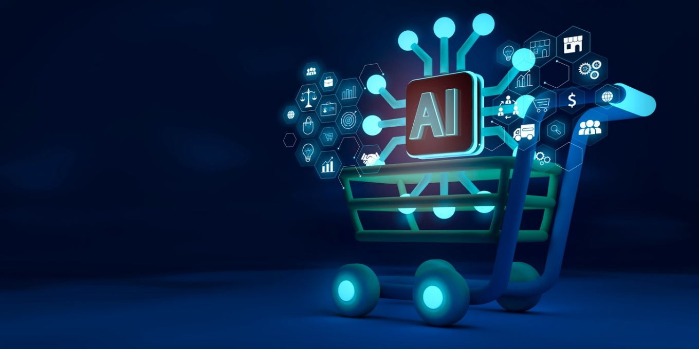 Concept of AI-driven subscription models featuring an AI icon in a shopping cart. 