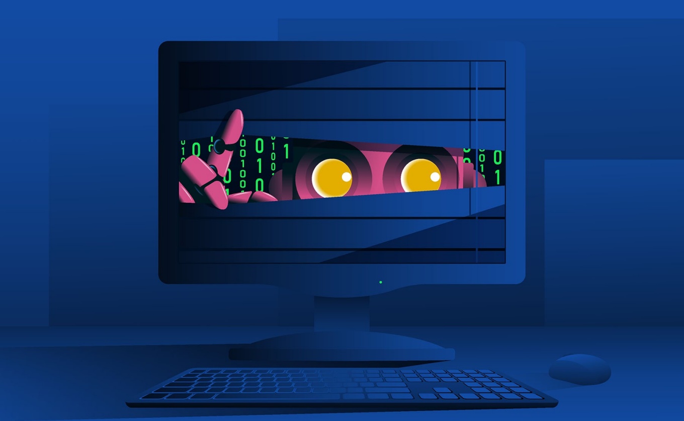 Graphic featuring a person staring from a computer screen, fingers parting blinds. 