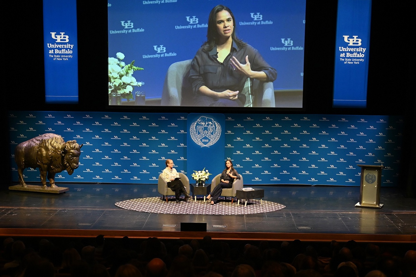 Misty Copeland and Anne Burnidge on stage in the Center for the Artsduring her Distinguished Speakers Series appearance. 