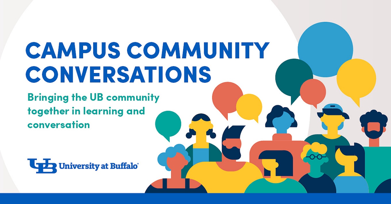 Graphic for Campus Community Conversations featuring figures representing diverse people and word balloons. 