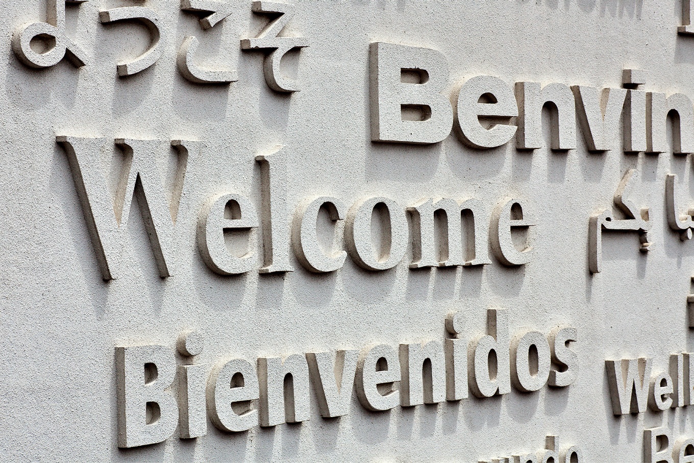 Concept of language access, a wall mural with the word "welcome" in different languages. 