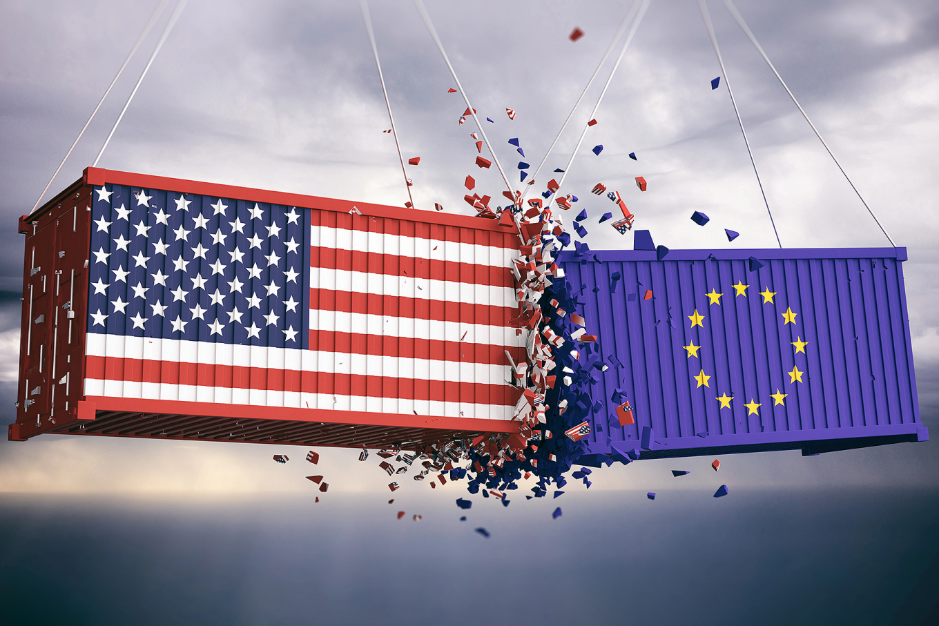 Concept of US and EU tariffs and trade war, featuring two shipping containers painted in the colors of the respective flags crashing into each other and shattering. 