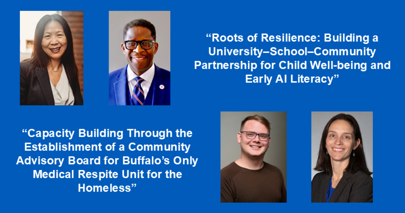 Top row, from left: X. Christine Wang, PhD, Professor and Director, Fisher-Price Endowed Early Childhood Research Center, Senior Associate Dean for Interdisciplinary Research, Graduate School of Education, and Thomas Beauford Jr., President and CEO, Buffalo Urban League. Not pictured: Kathleen Sciolino, Principal, Buffalo Public School #99 &mdash; Stanley M. Makowski Early Childhood Center. Bottom row, from left: Daniel Smith, PhD, Assistant Professor, School of Nursing, and Allana Krolikowski, MD, CEO, Jericho Road Community Health Center. 